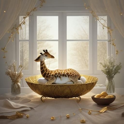 An enchanting scene of a realistic, living Giraffe, nestled inside a beautifully detailed Gold eggshell. The eggshell is cracked open gently...