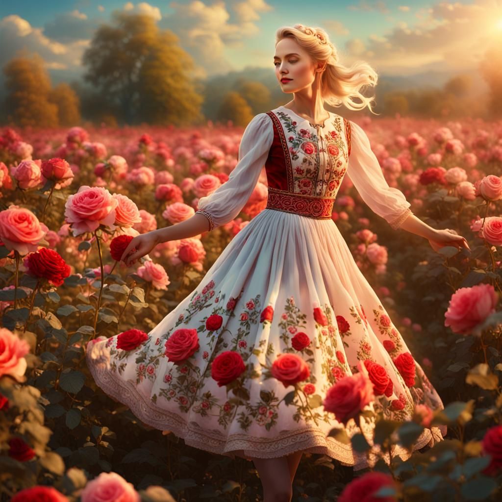 Woman blonde Hungarian folk dress skirtup miniskirt beautiful at the rose field 
