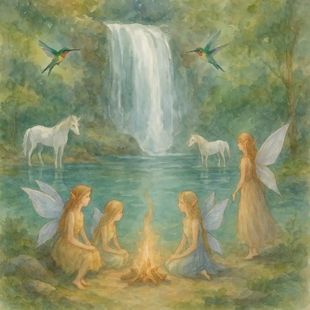 watercolor fantasy art of fairies camp day in a waterfall la...