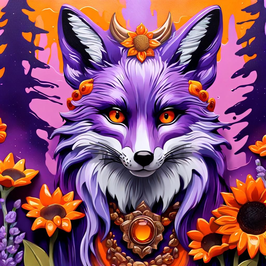 Mythical Purple Kitsune Fox in Sunflower Forest 