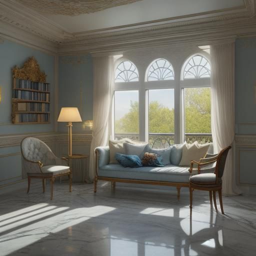 A sunny open bedroom in a Greco-Roman design . Large bed wit...
