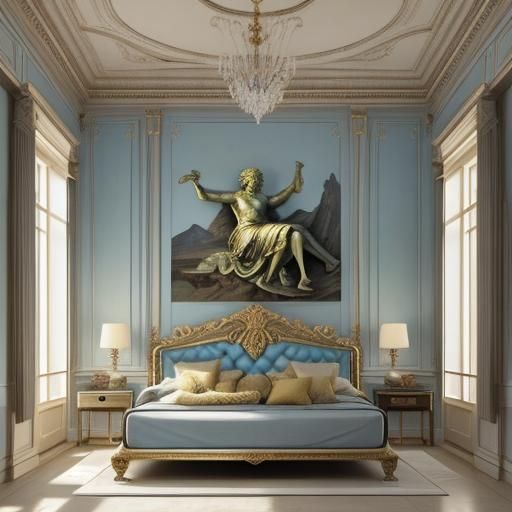 A sunny open bedroom in a Greco-Roman design . Large bed wit...
