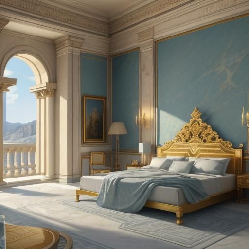 A sunny open bedroom in a Greco-Roman design . Large bed wit...