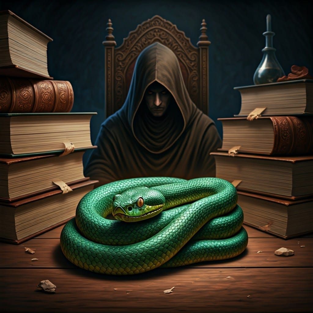 Emerald Serpent Uncoils Amidst Ancient Tomes and Shadows