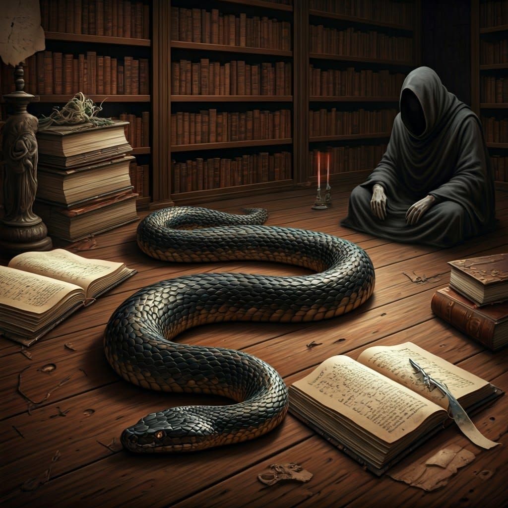 Serpent in Shadowy Library