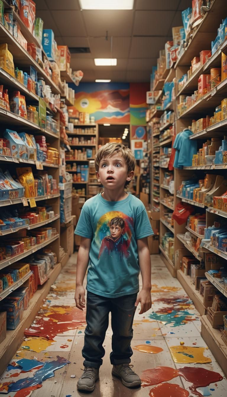 little boy at a store stands  afraid