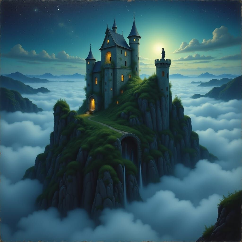 Ethereal Castle on Cloud Bank in Dark Fantasy Style