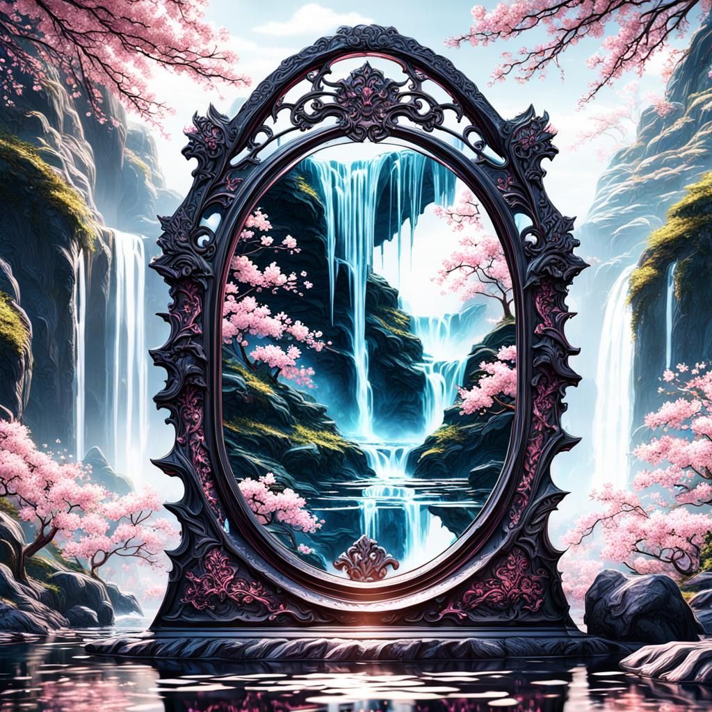 obsidian mirror containing (waterfall) filigree cherry bloss...