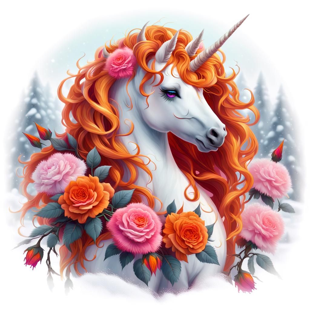 Winter Unicorn Portrait in Whimsical Forest