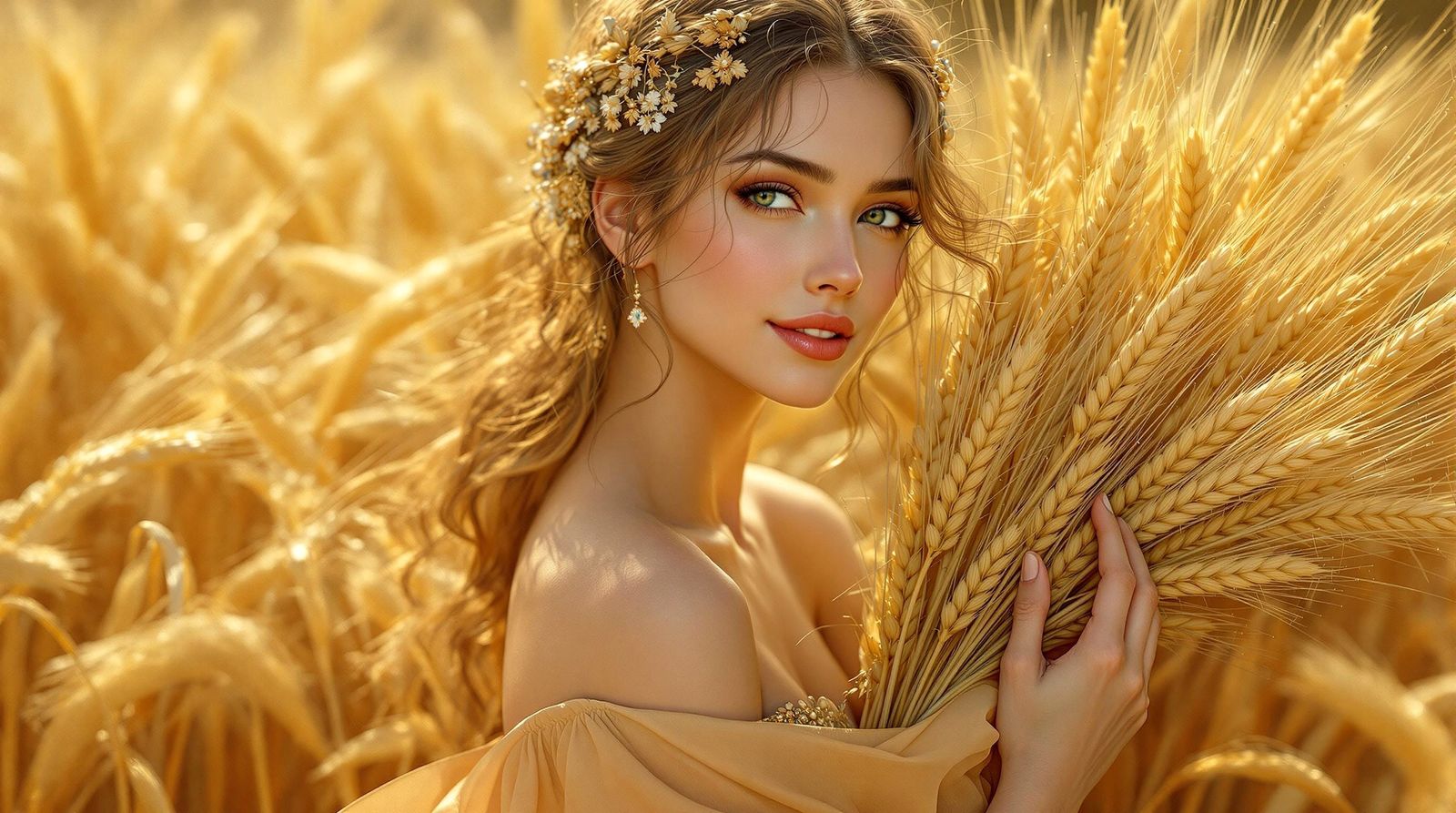 **Virgo:** A graceful woman with delicate, earthy features, holding a sheaf of wheat, and blending seamlessly with the g...
