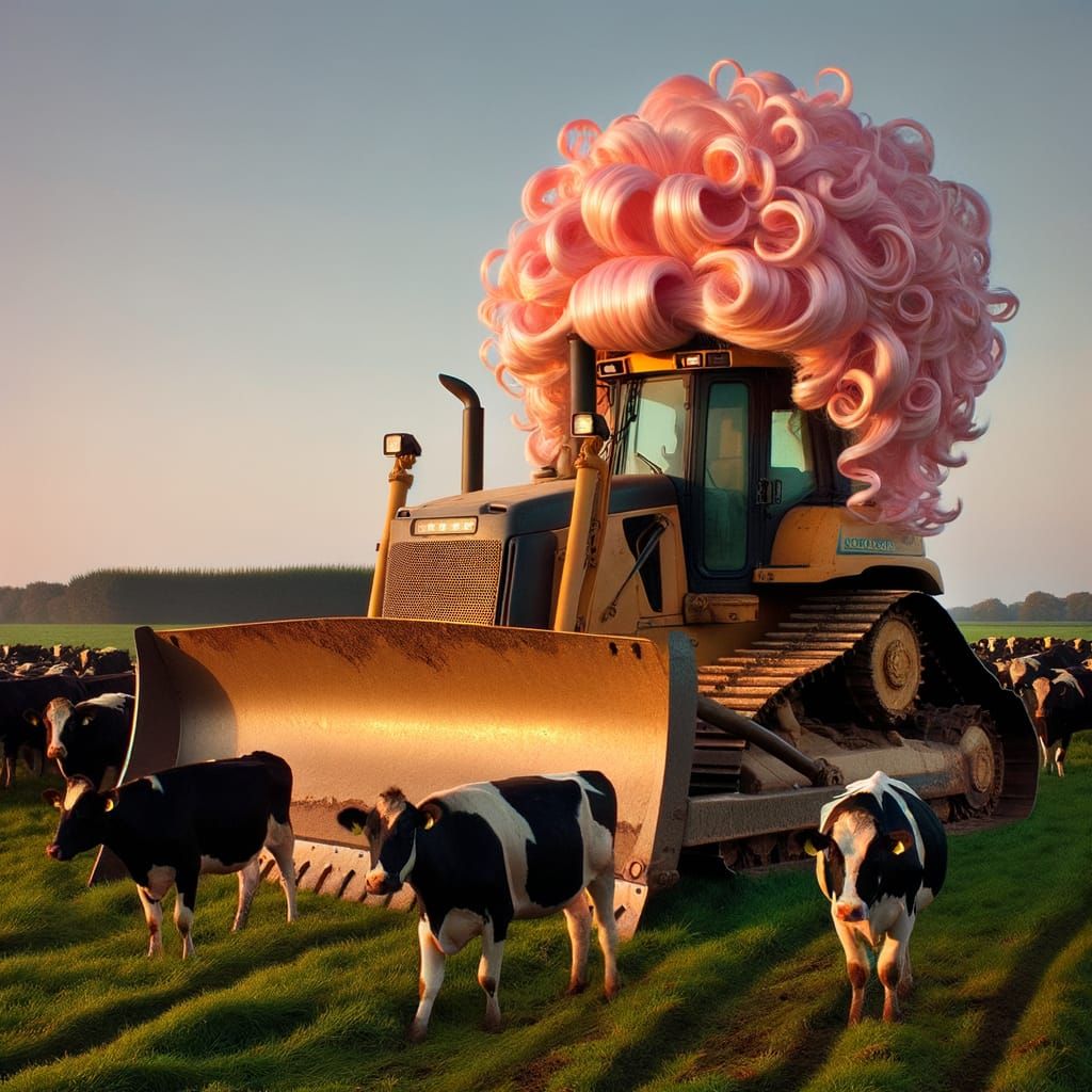 Fancy wig wearing bulldozer in a cow field   by @Dawn_Day_Dreamer