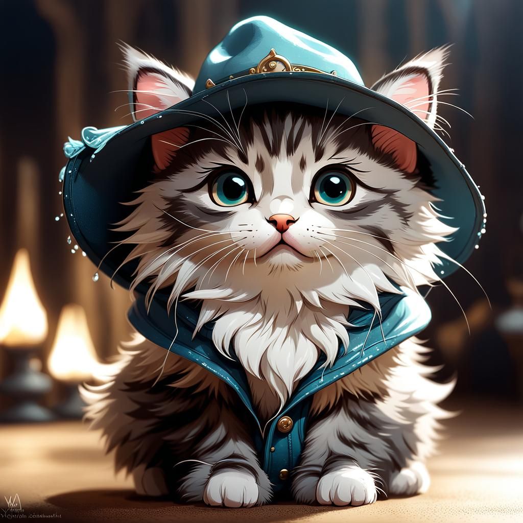 A whimsical adorable cute baby chibi fluffy kitten sitting inside of a hat, soft lighting, sharp focus, ...  by @Kitsunezaru
