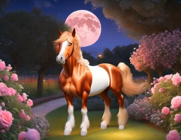 Stunning Clydesdale in a rose garden under the full moon <lora:Moonlight Garden:1.0> enhanced CGI render