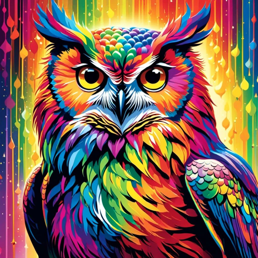 <lora:The Rainbow Game:1.0> ((Hyperrealistic:1.5)) A beautiful mythical rainbow owl