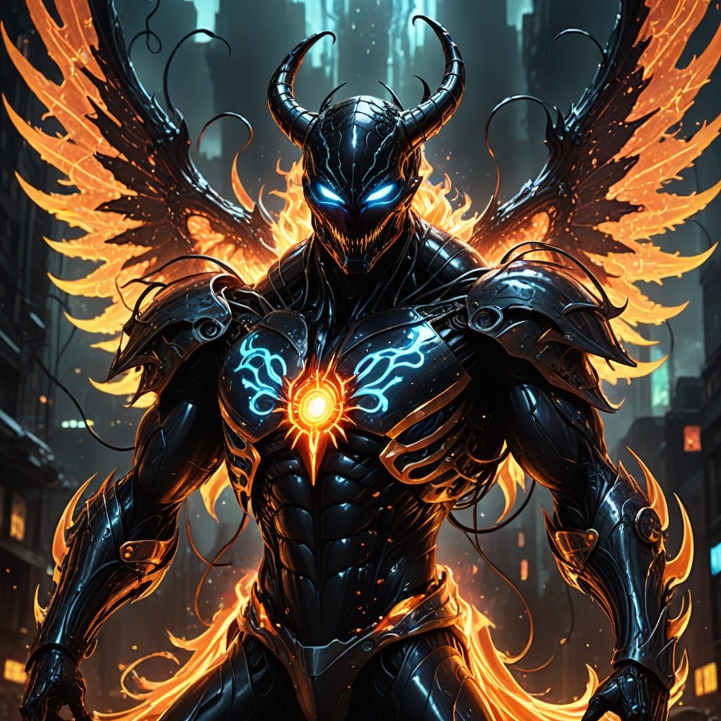 a venom like supervillain symbiote takes over a winged mutant but with cybernetic elements..  by @Johm Parede