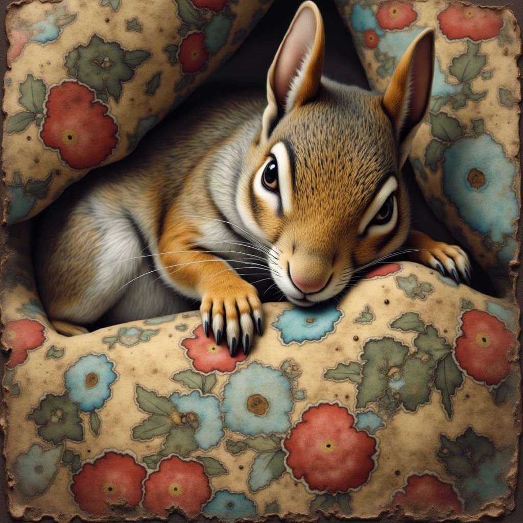 <lora:Alice in Wonderland:1.0> an adorable squirrel sleeps in a bed covered with vintage quilts, encaustic 
