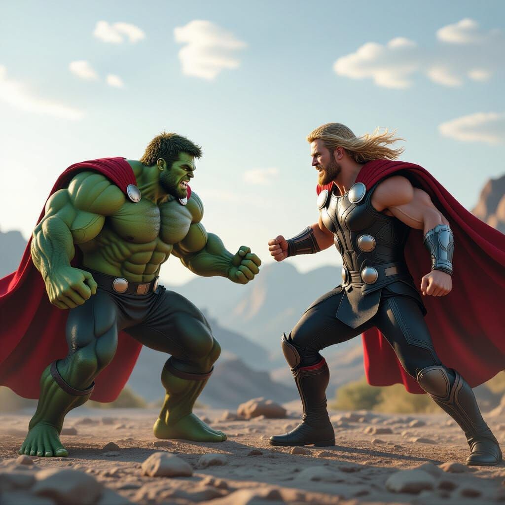 3 d bir şekilde hulk thor ile dövüşürken gerçekçi 3 d bir fotoğraf epic olsun thor un çekici ve yıldırımları olsun