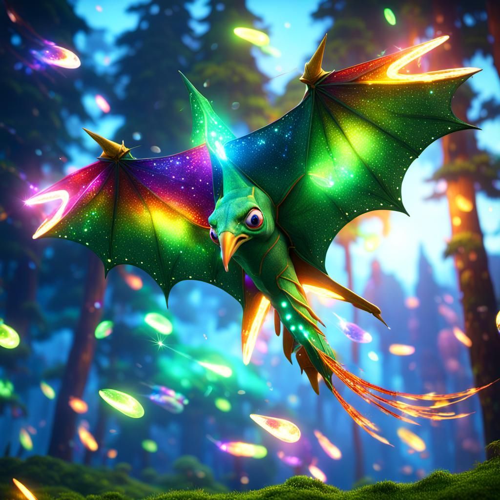 Pterodactyl kite high in sky,fire works sparkles making florescent ...