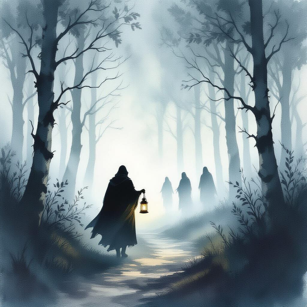 A solitary traveler, cloaked and carrying a lantern, navigates a winding path through a forest where ...  by @Susi