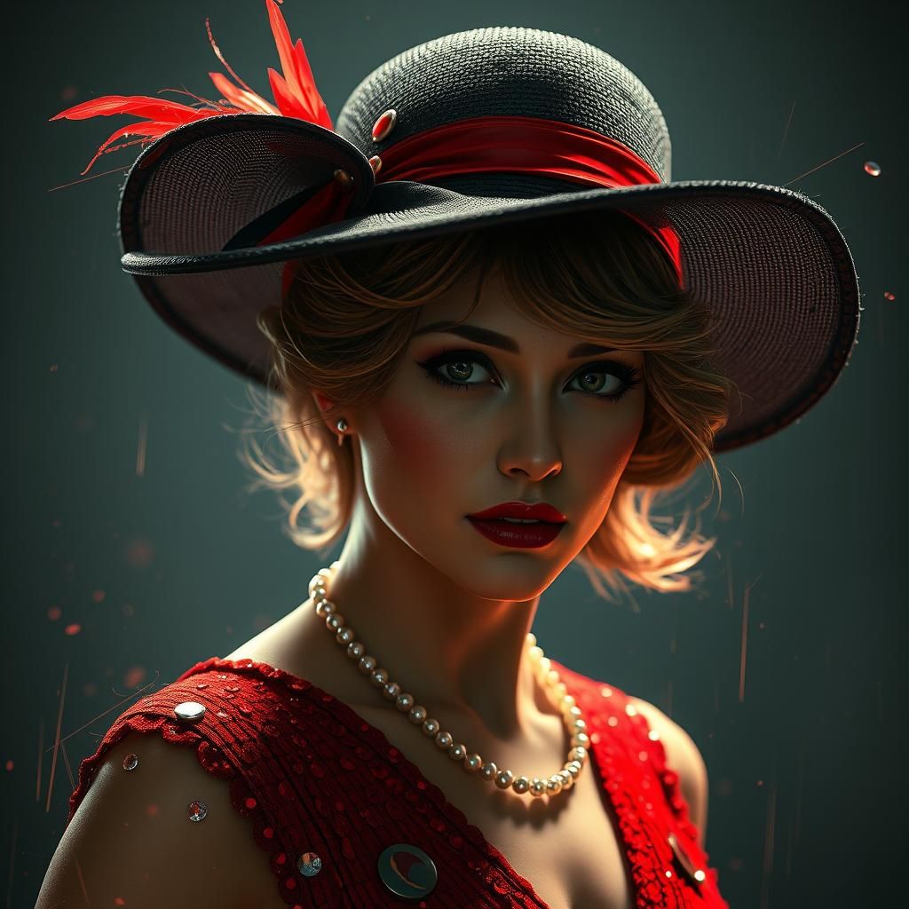1920's woman wearing a hat and red sequined flapper dress