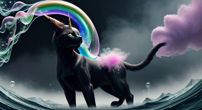 A black cat with green eyes ridng a unicorn through a field ...