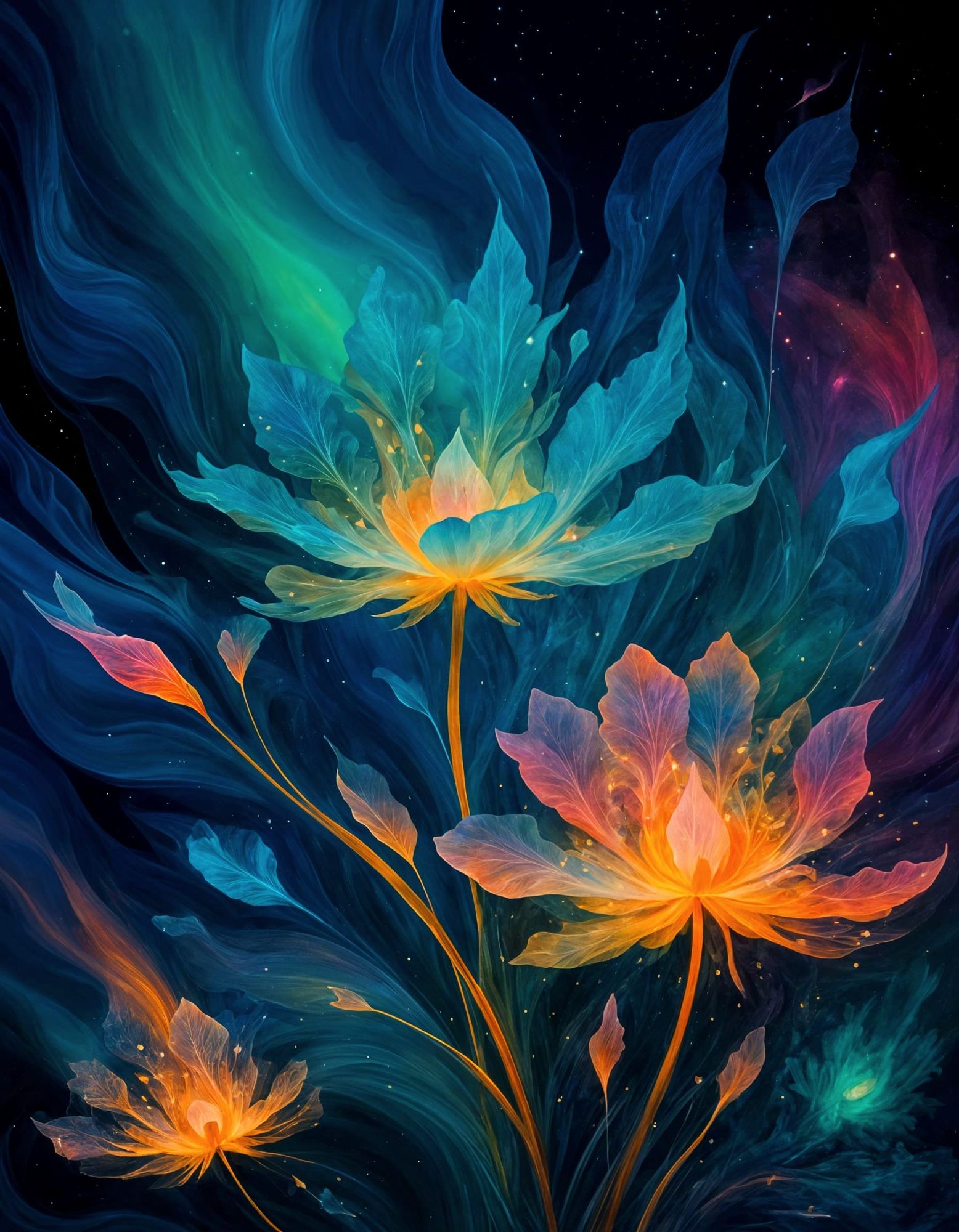 A dreamscape with giant crystalline flowers under an aurora sky.