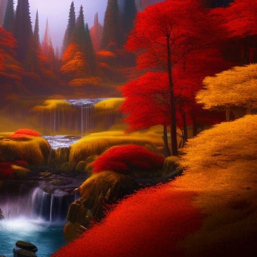Seven red waterfalls to golden ocean with tall gold trees