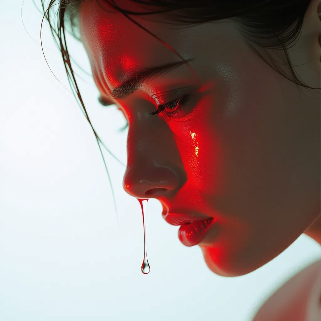 Tearful Face Lit by Red Phone Screen in Darkness