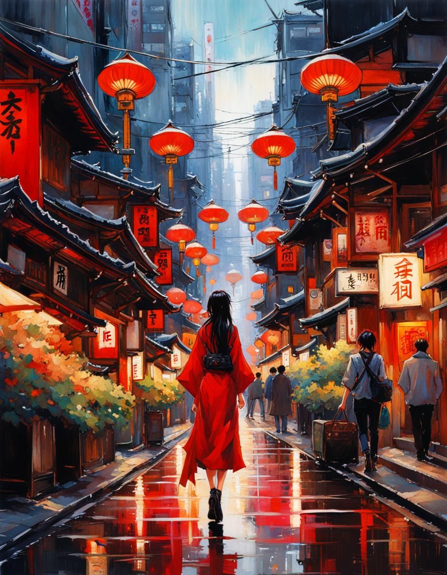 Beautiful Japanese Girl in Tokyo Street, Ink Art