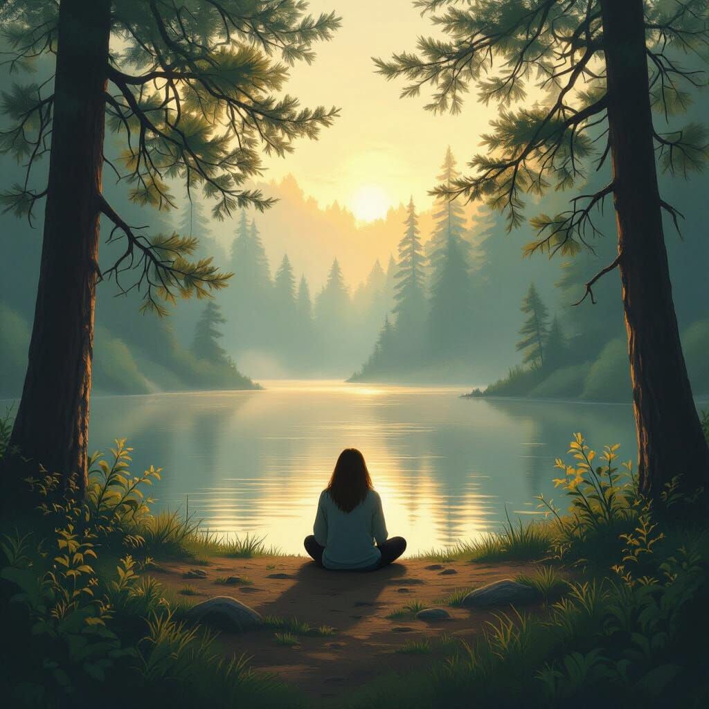 A person sits cross-legged beside a calm lake deep in a lush forest, soft morning mist drifting through ...  by @Xykko