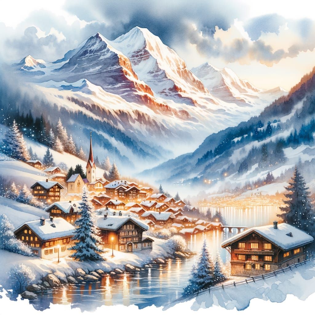 the swiss alps in the background covered in snow with a small village at the foot at night with the lights ...  by @Badgeress