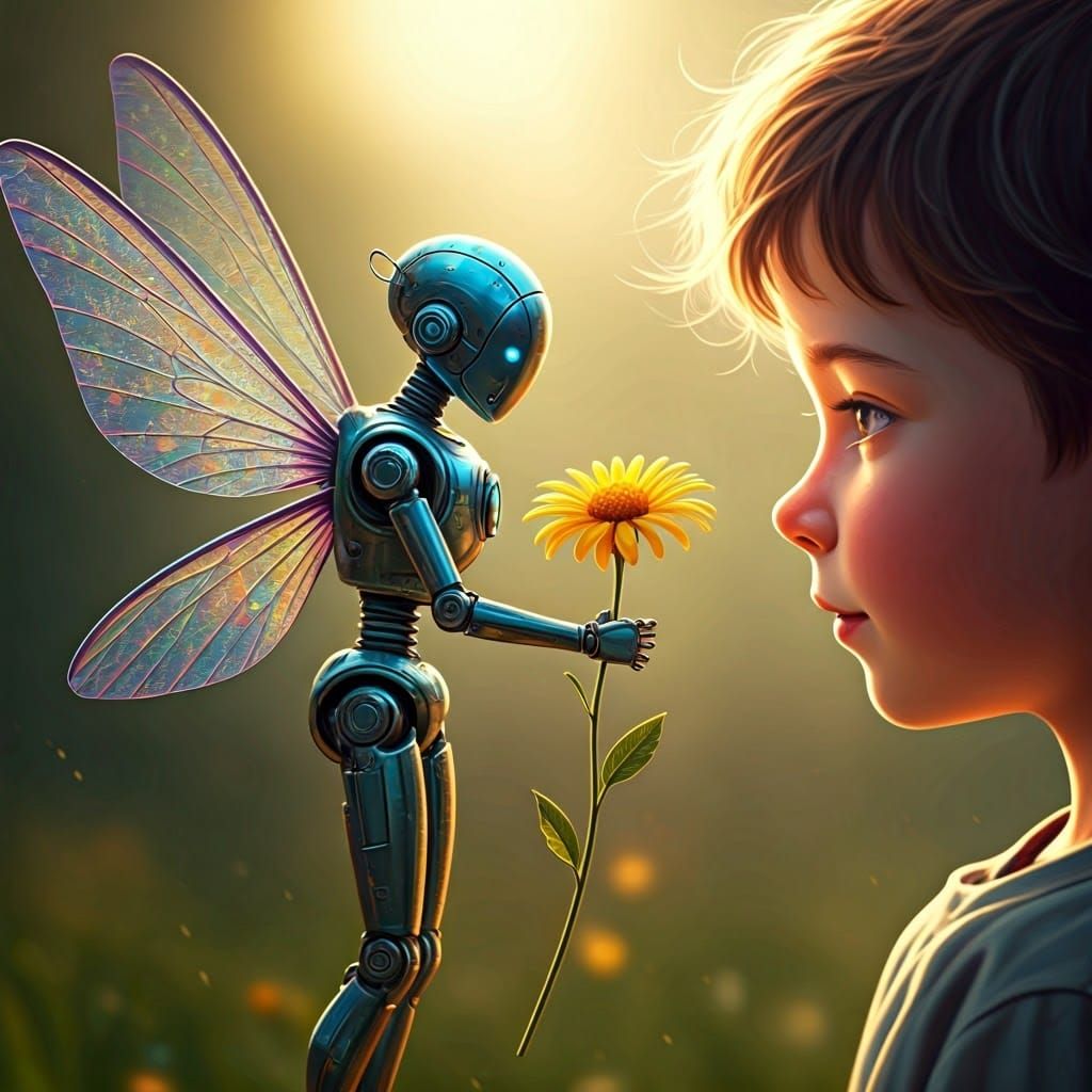 Iridescent Fairy Robot Gifts Flower to Wonder-Struck Child i...