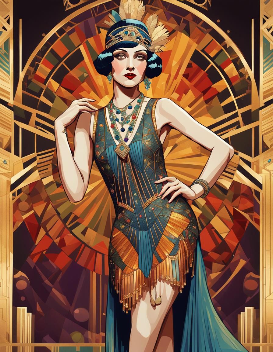 full body 1920s art deco style Vedette burlesque woman intri...