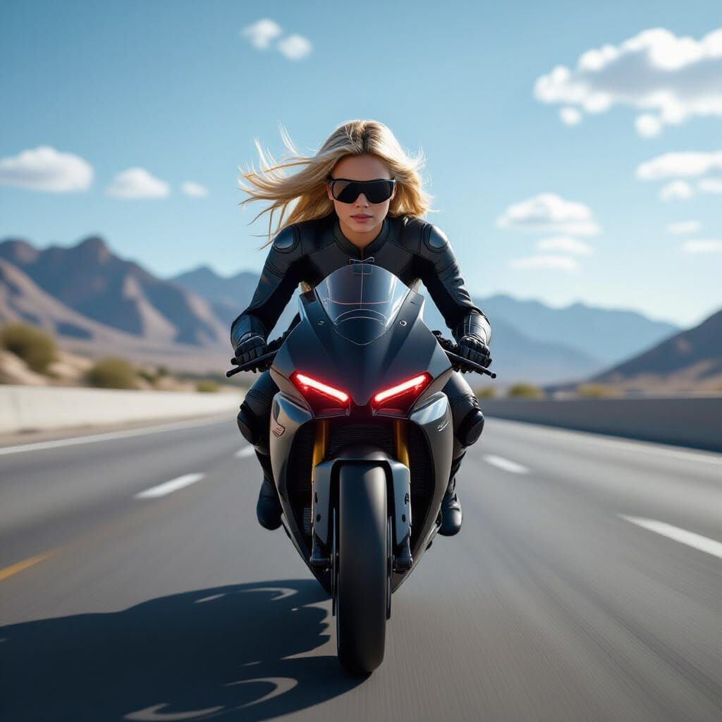 Hyoer Ultra-realistic dynamic shot. Centered in the frame, a young blonde woman with windswept hair races down an open highway on a sleek, f...