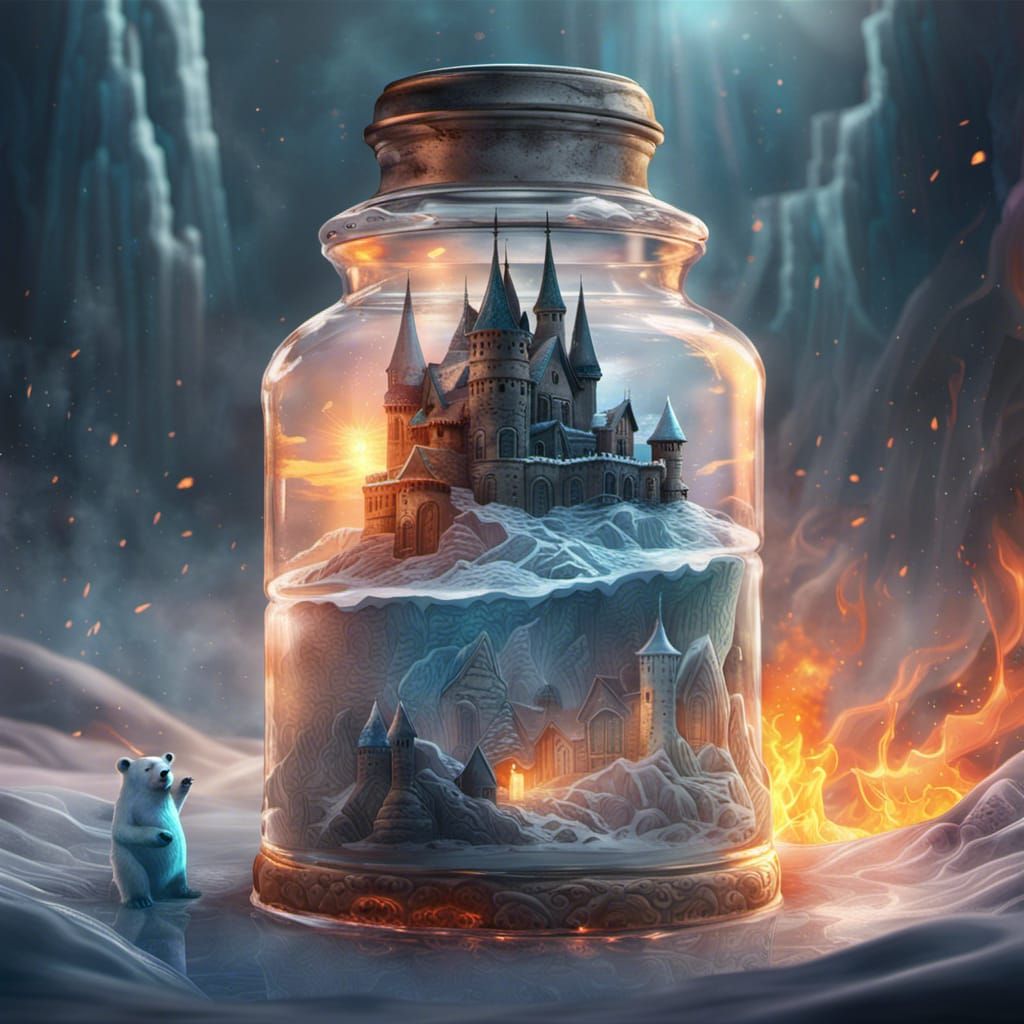 castle ice scape in a bottle with polar bear fairys and fire background a masterpiece, 8k resolution, ...  by @undefined