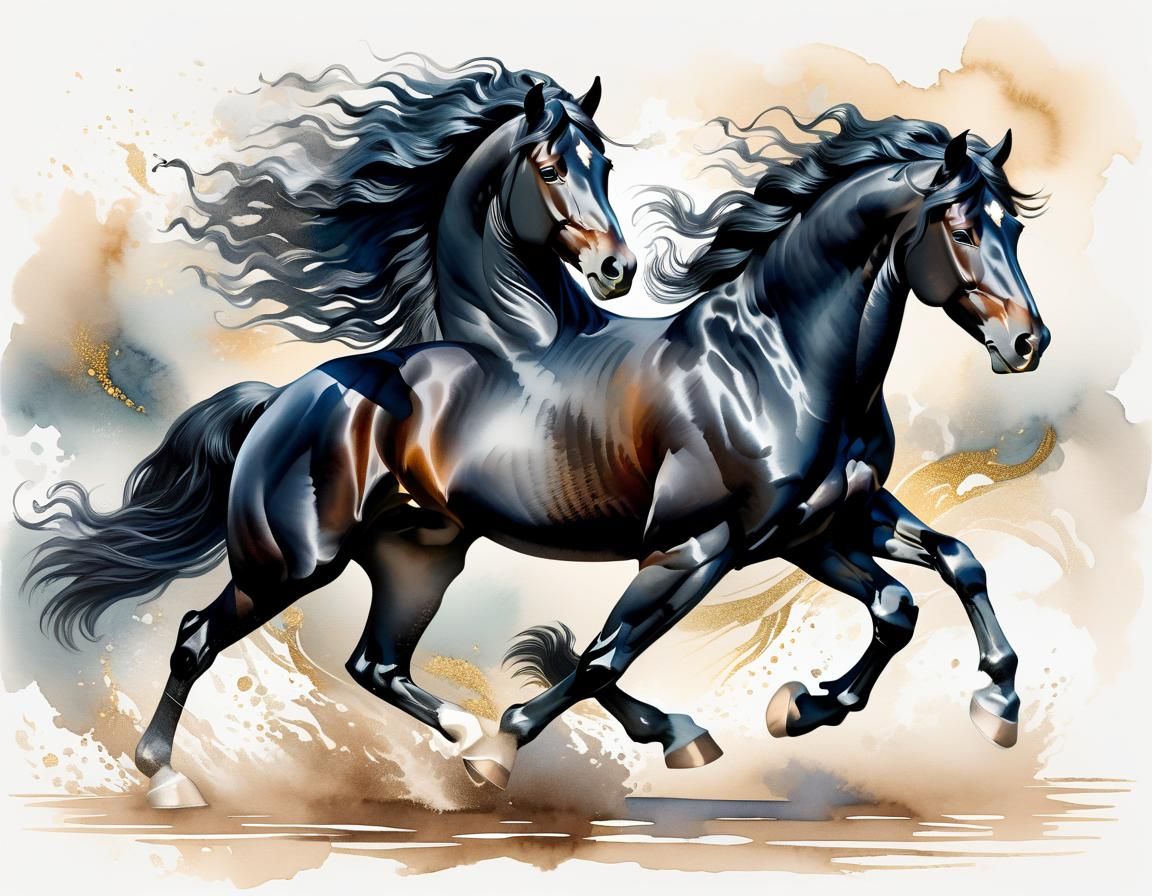 a beautiful black Friesian stallion, 4 legs, 4 hooves, with billowing mane in dynamic pose, intricate ...  by @Missysmom