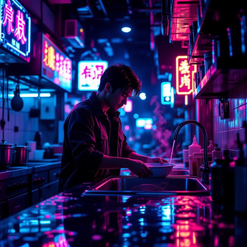 Cyberpunk Kitchen Scene: Man Washing Dishes Under Neon