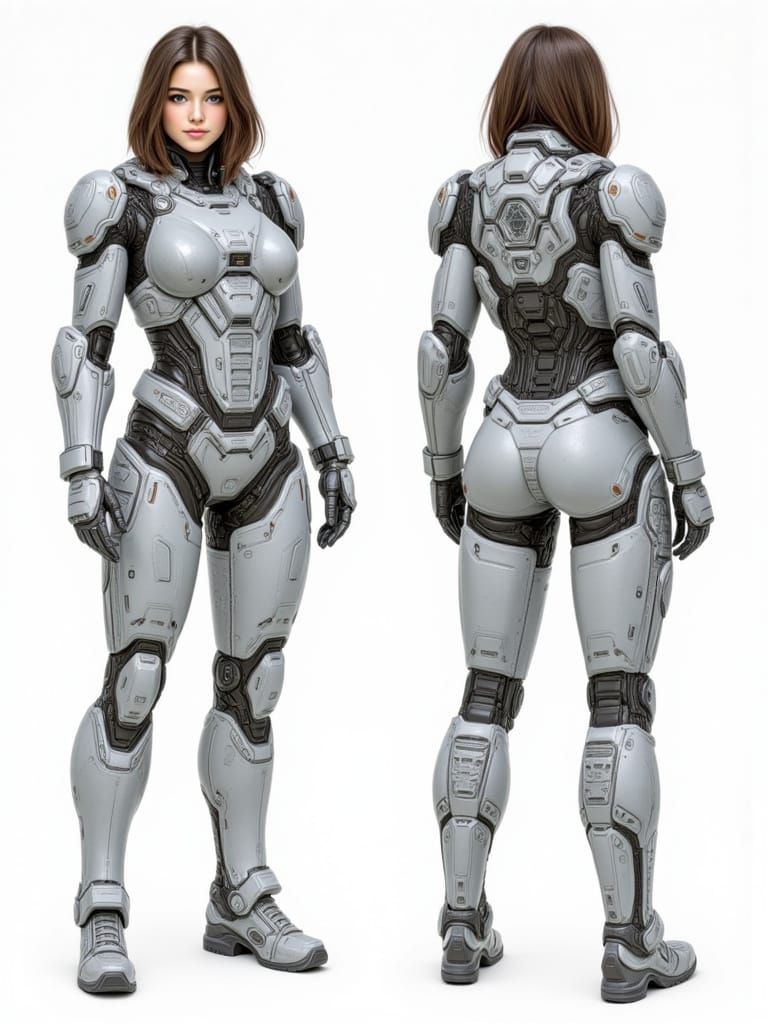 <lora:Cyberlleon Girls:1.0> Cyberpunk soldier girl, character design sheet, front view, side view, back view, wearing a detailed tactical ro...