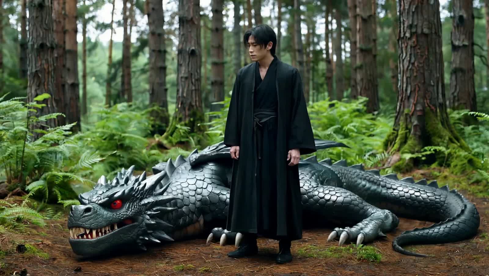 A dragon lies at his feet.