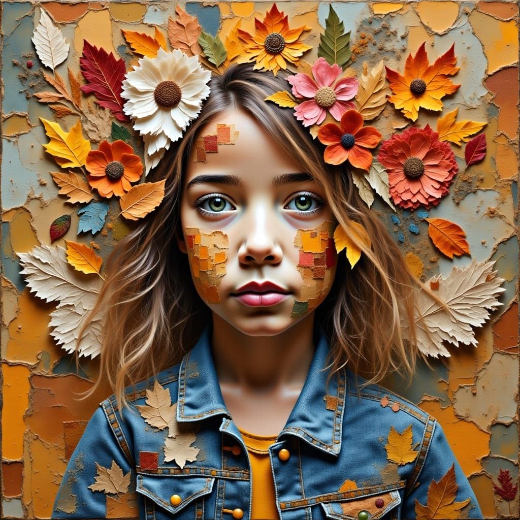 <lora:Impasto Patch:1.0> A beautiful fairy with long hair and fluffy wings is made entirely of textures and patterns such as denim, floral,...