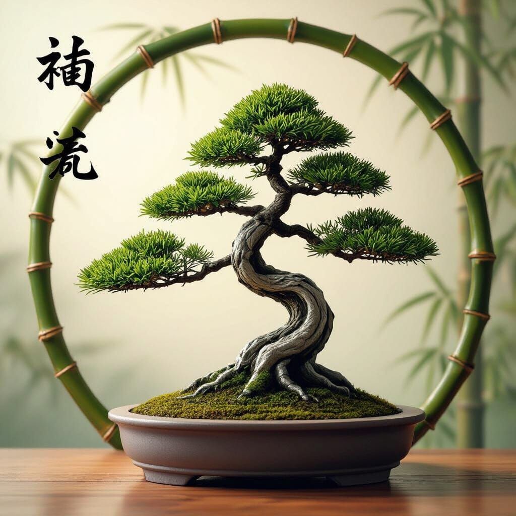 A bambo mixed with a bonsai tree with japanese writing and make it look realistic