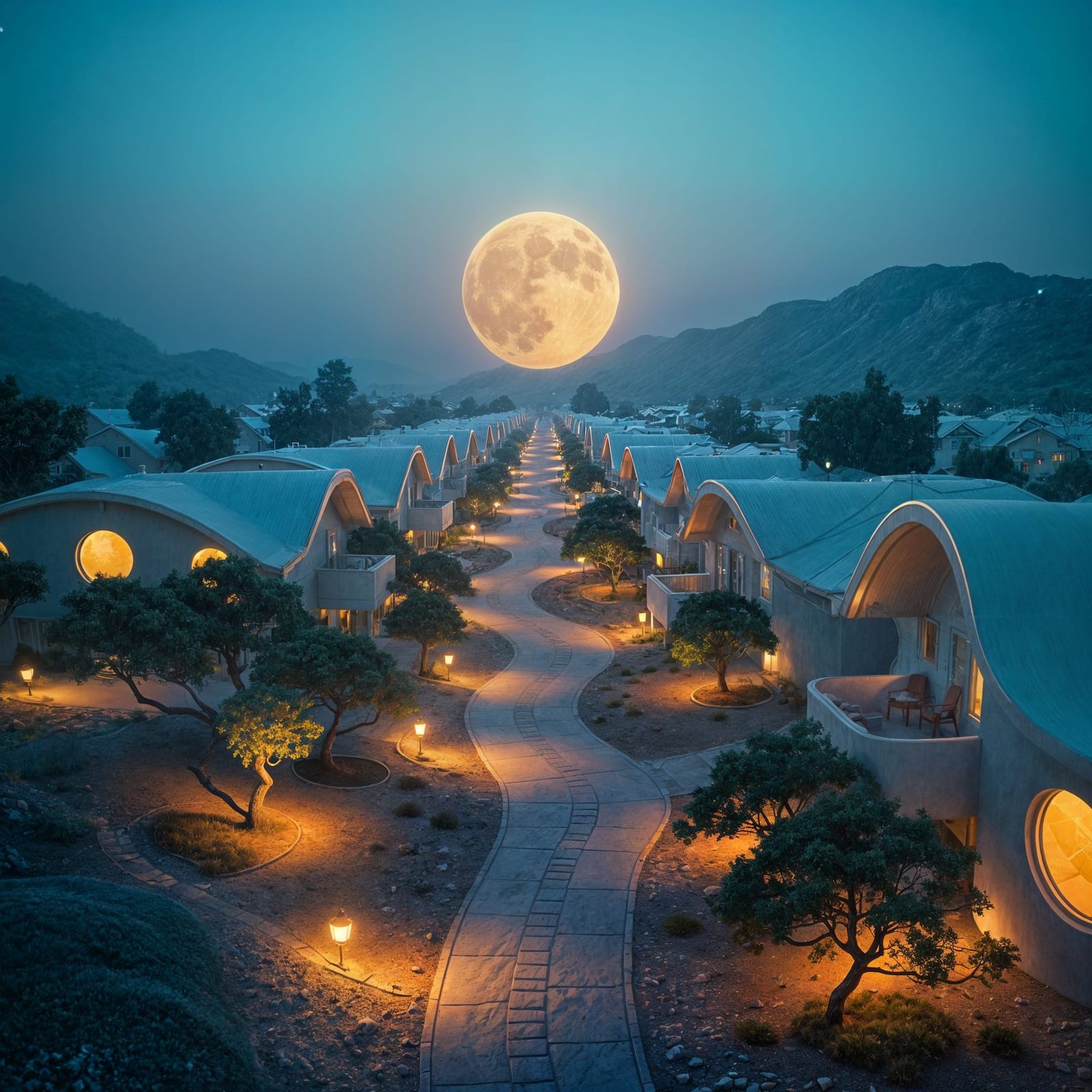 Ethereal Lunar Neighborhood Scene in Cinematic Film Style