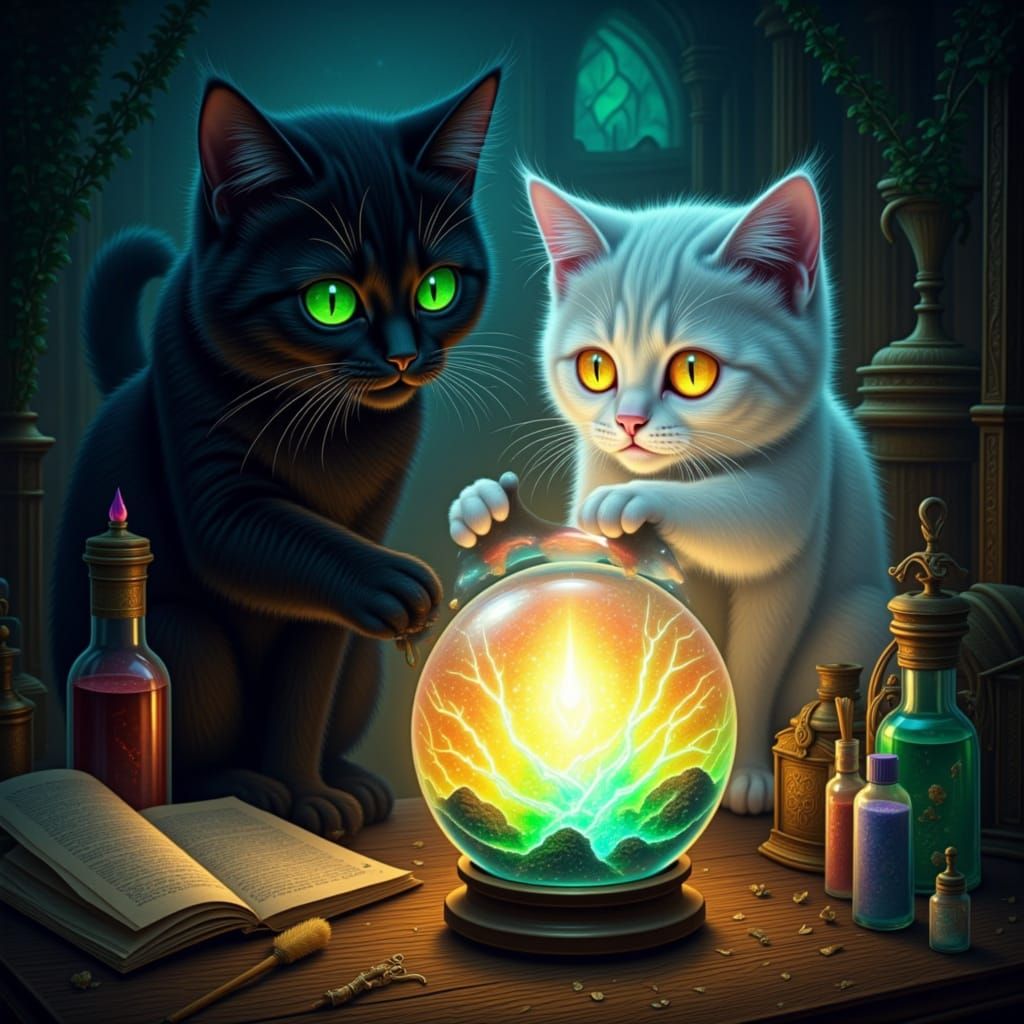 Albus the black cat with emerald green eyes, subla the white fur Kitten with golden eyes, morgana's minion holding a crystal ball capturing ...