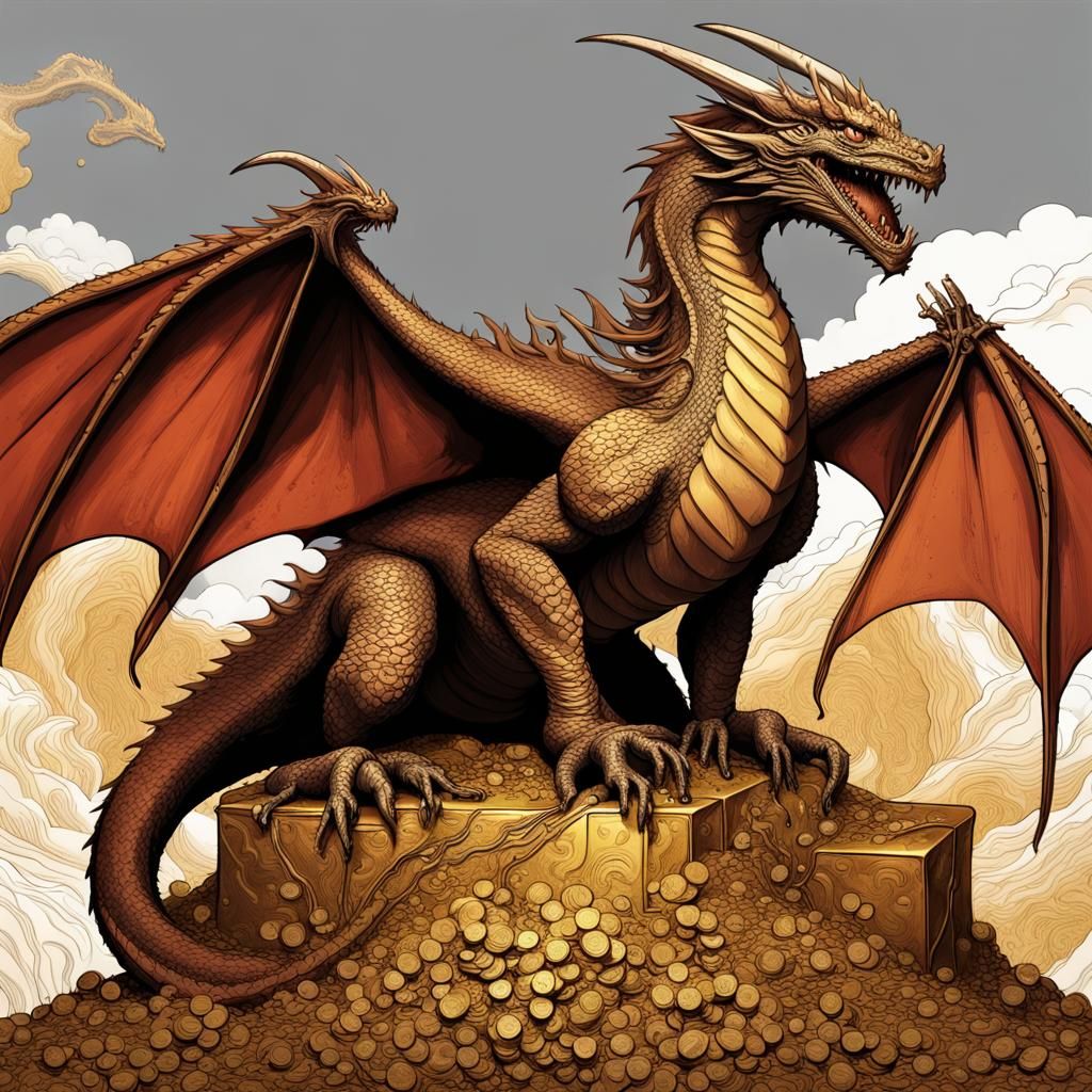 Detailed line art drawing of smaug the dragon sitting on pile of gold