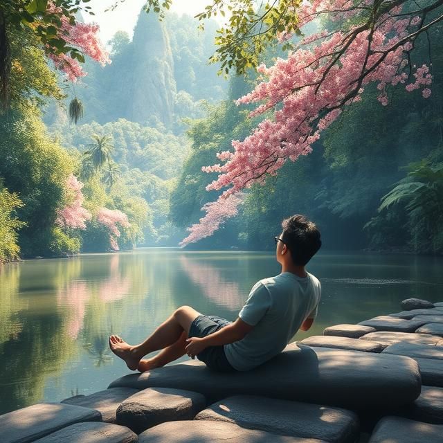South Korean guy relaxing by a river in Thailand, surrounded...