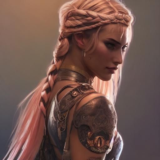 young barbarian lady tattooed blonde sad smile light braids sunny ...