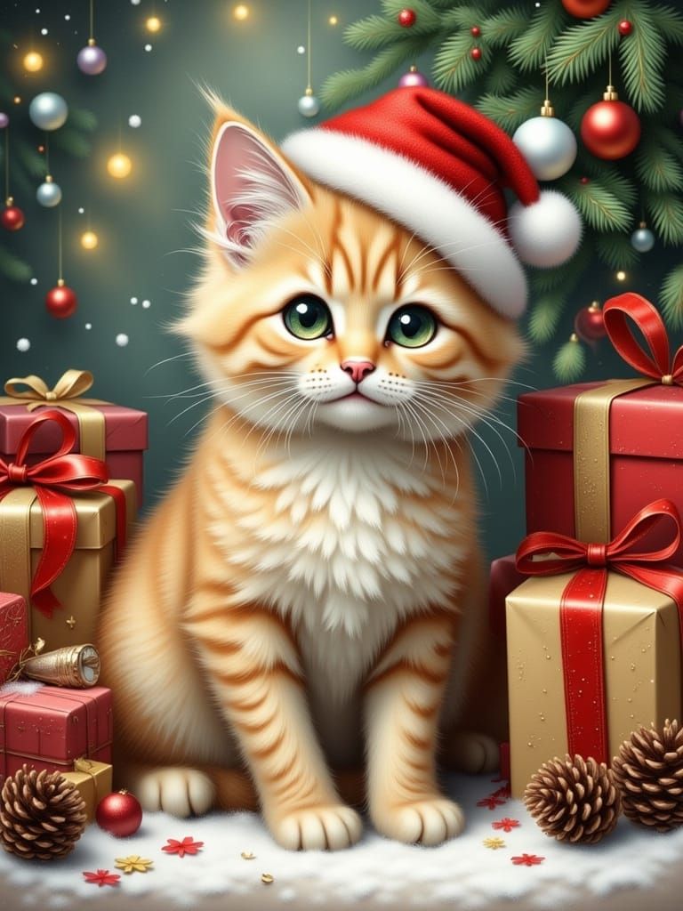 Fluffy Kitten in Santa Hat with Christmas Tree and Snowflake...