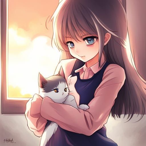 Cute Ai Anime Cartoon Avatar Holding Cat, Anime, Ai Avatar, Animal