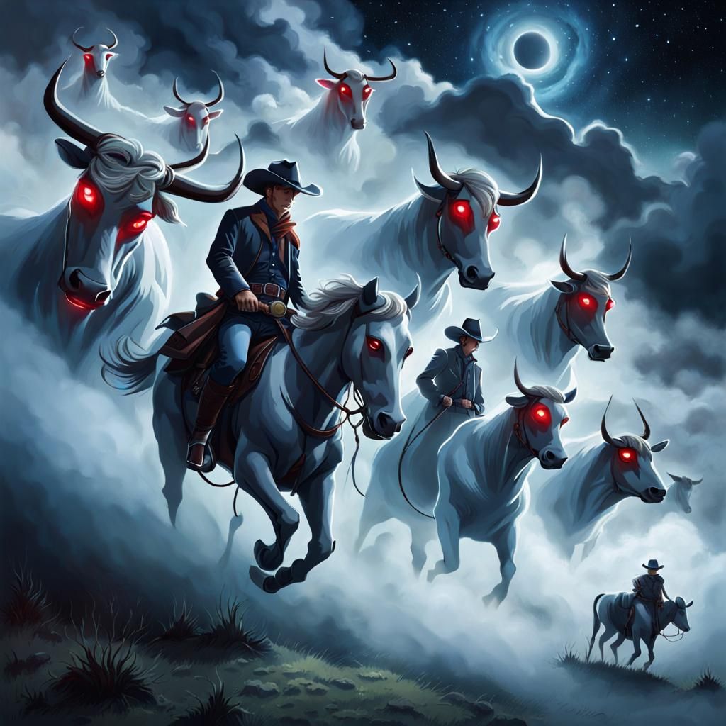 (cowboy watching ghost_cattle running far above the ground:1...