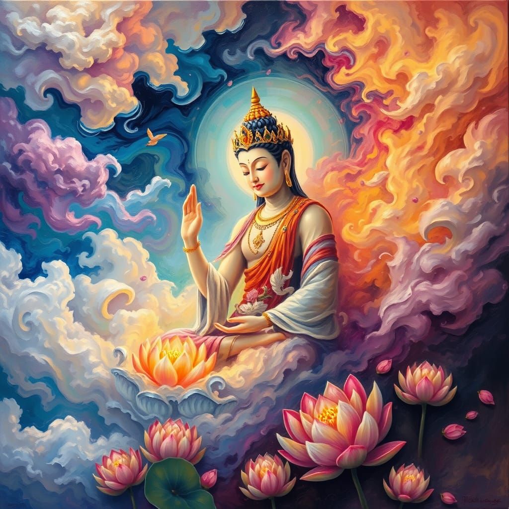 Ethereal Buddhist Deity in Dreamlike Spiritual Atmosphere